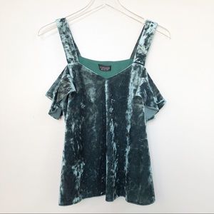 Topshop • Green Crushed Velvet Cold Shoulder Top